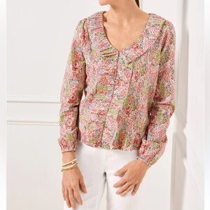 NWT Talbots Pink and Green Floral Print Ruffle Blouse Size LP